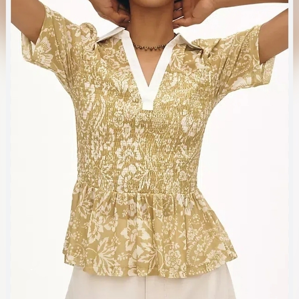 Maeve Short-Sleeve Smocked Polo Top, Chartreuse Greenish Yellow, XS